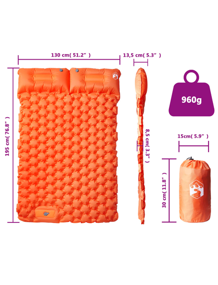 Saltea camping auto-gonflabilă cu perne, 2 persoane, portocaliu, imaginea nr. 5